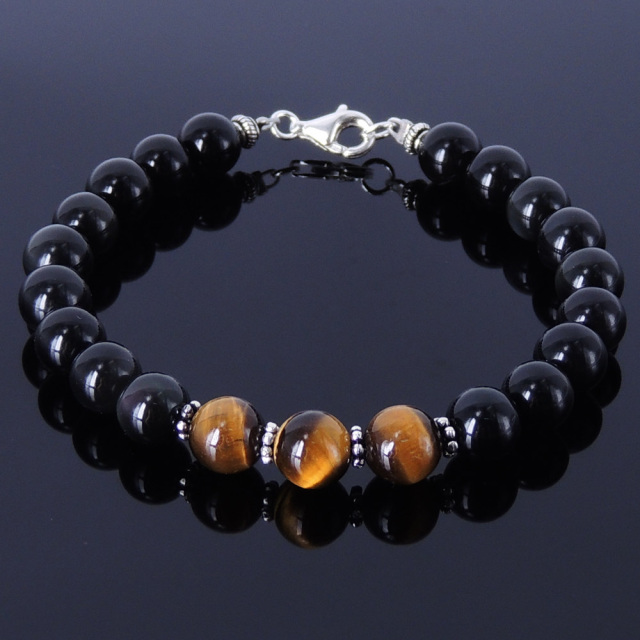 Handmade Men's Women Black Obsidian Tiger Eye Bracelet with 925 ...